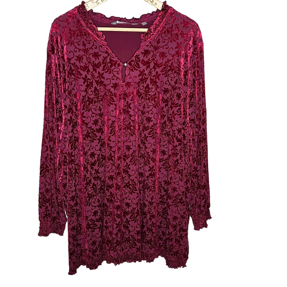 Ulla Popken Red Burgandy Fancy Top Burnout Velvet Size 28/30